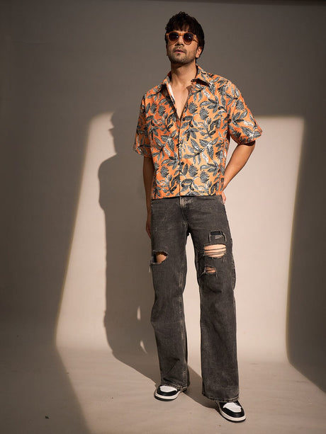 Orange Floral Print Cropped Shirt Shirts Fugazee 