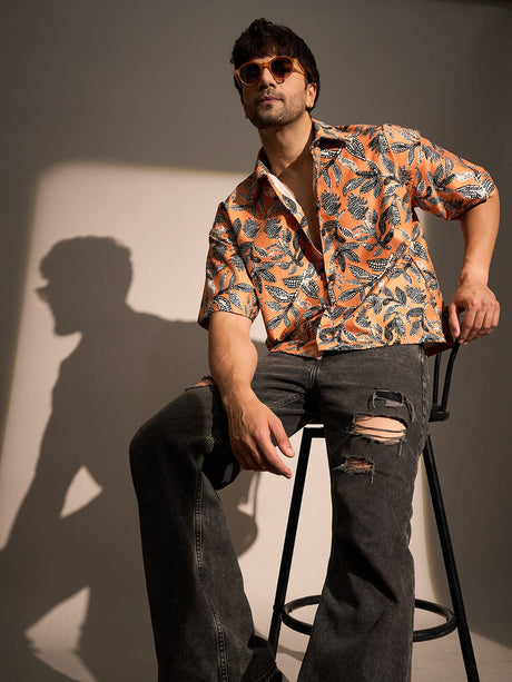 Orange Floral Print Cropped Shirt Shirts Fugazee 