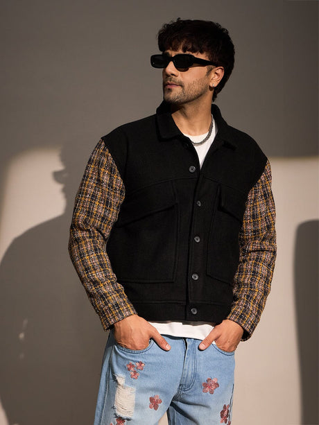 Black Woollen Contrast Sleeves Aviator Jacket Jackets Fugazee 