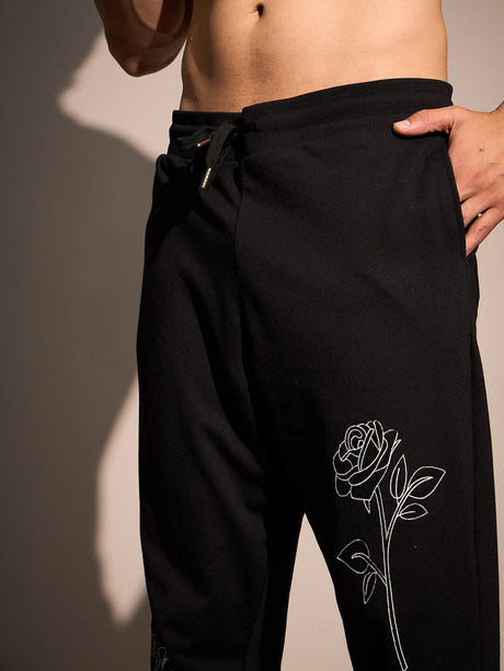 Black Rose Embroidered Relaxed Fit Joggers Trackpants Fugazee 