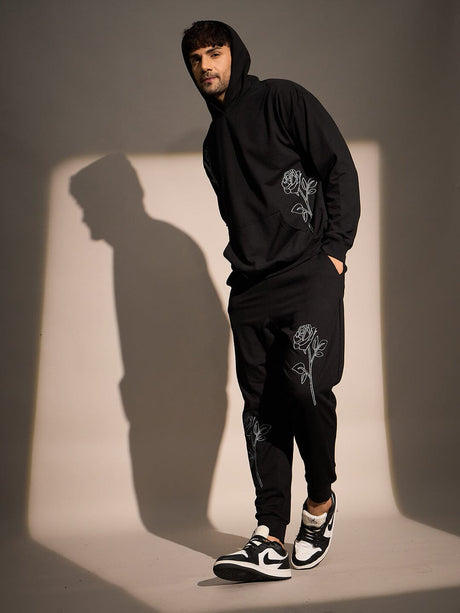 Black Rose Embroidered Oversized Hoodie Sweatshirts Fugazee 