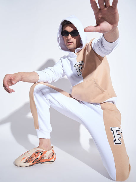 White & Beige Cut Sew Hooded Sweatshirt Sweatshirts Fugazee 