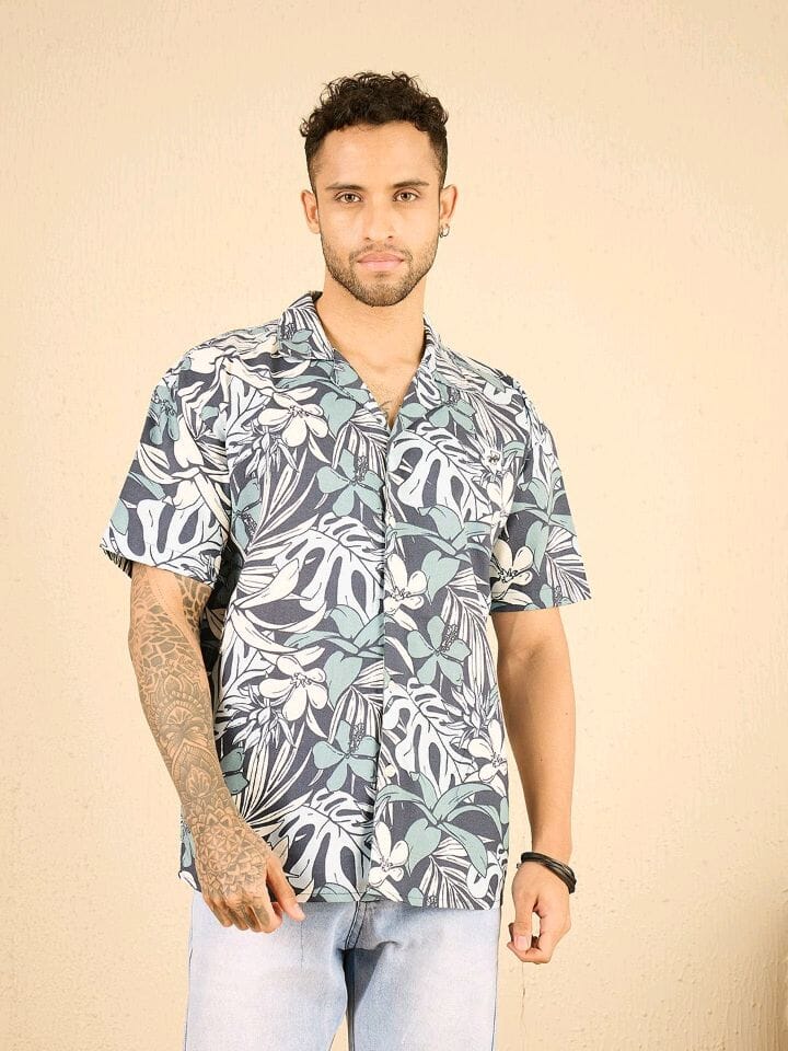 Navy Floral Linen Cuban Shirt Shirts Fugazee 