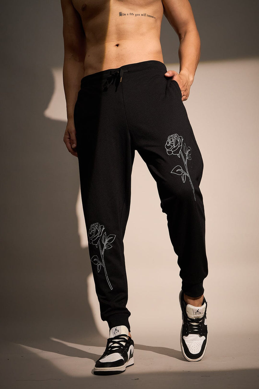 Black Rose Embroidered Relaxed Fit Joggers Trackpants Fugazee 