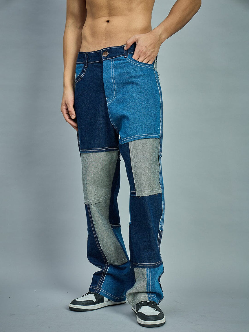 Indigo Colour Blocked Straight Fit Denim Jeans Fugazee 