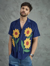 Navy Corduroy Sunflower Cuban Shirt Shirts Fugazee 