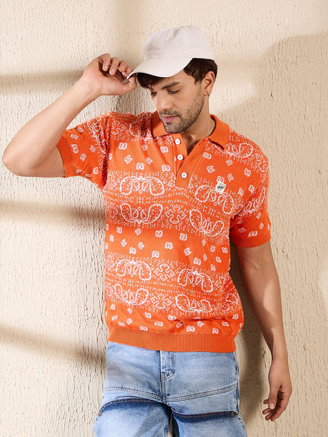 Orange Paisley Knitted Polo Tshirt T-shirts Fugazee 