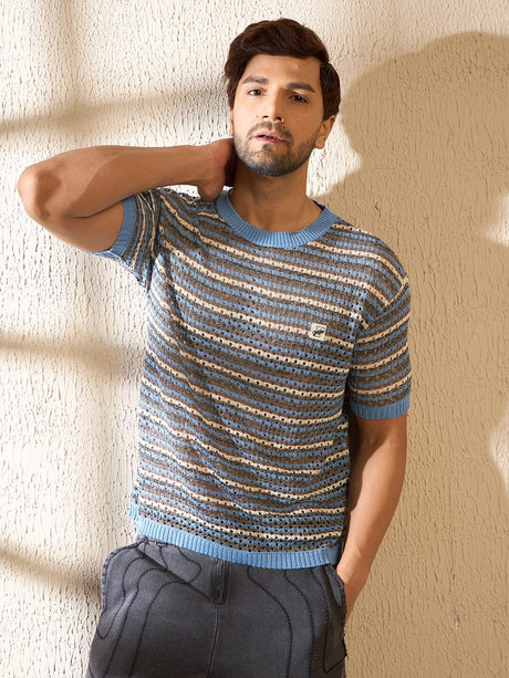 Blue Melange Striped Knitted Tshirt T-shirts Fugazee 