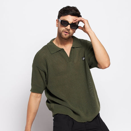 Olive Crochet Knitted Polo Tee T-shirts Fugazee 