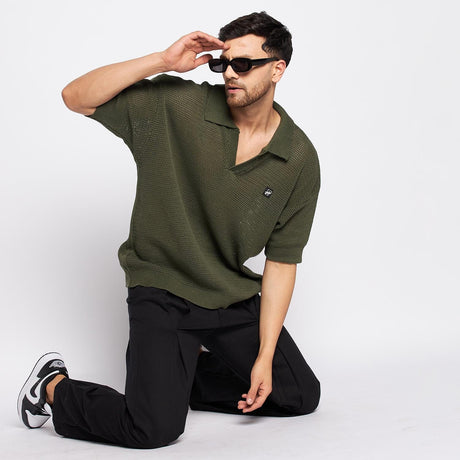 Olive Crochet Knitted Polo Tee T-shirts Fugazee 