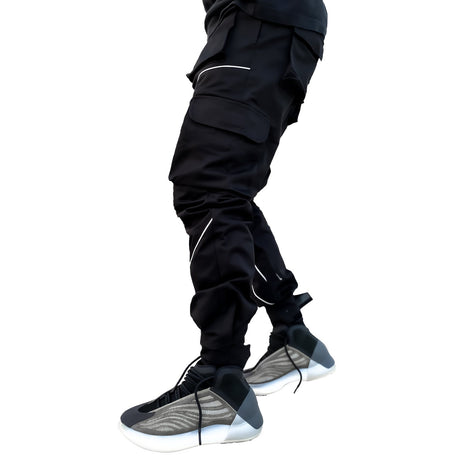 Black Nylon Reflective Piping Cargo Trackpant Trackpants Fugazee 