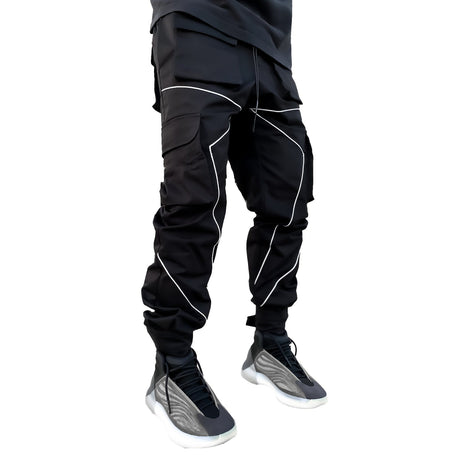 Black Nylon Reflective Piping Cargo Trackpant Trackpants Fugazee 