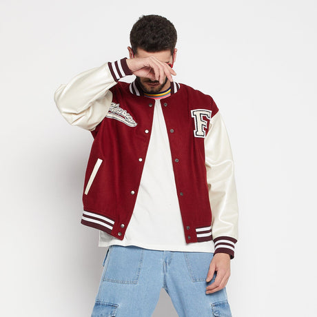 Maroon Woollen Faux Leather Sleeves Letterman Varsity Jacket Jackets Fugazee 