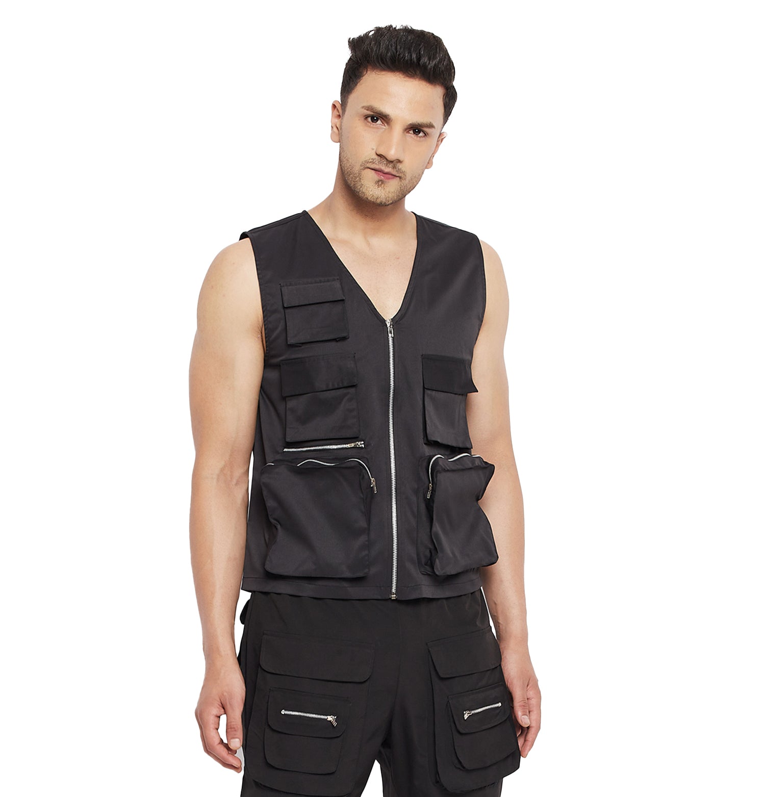 Black Tactical Zipped Gillet | Buy Men Sleeveless Jacket | Fugazee