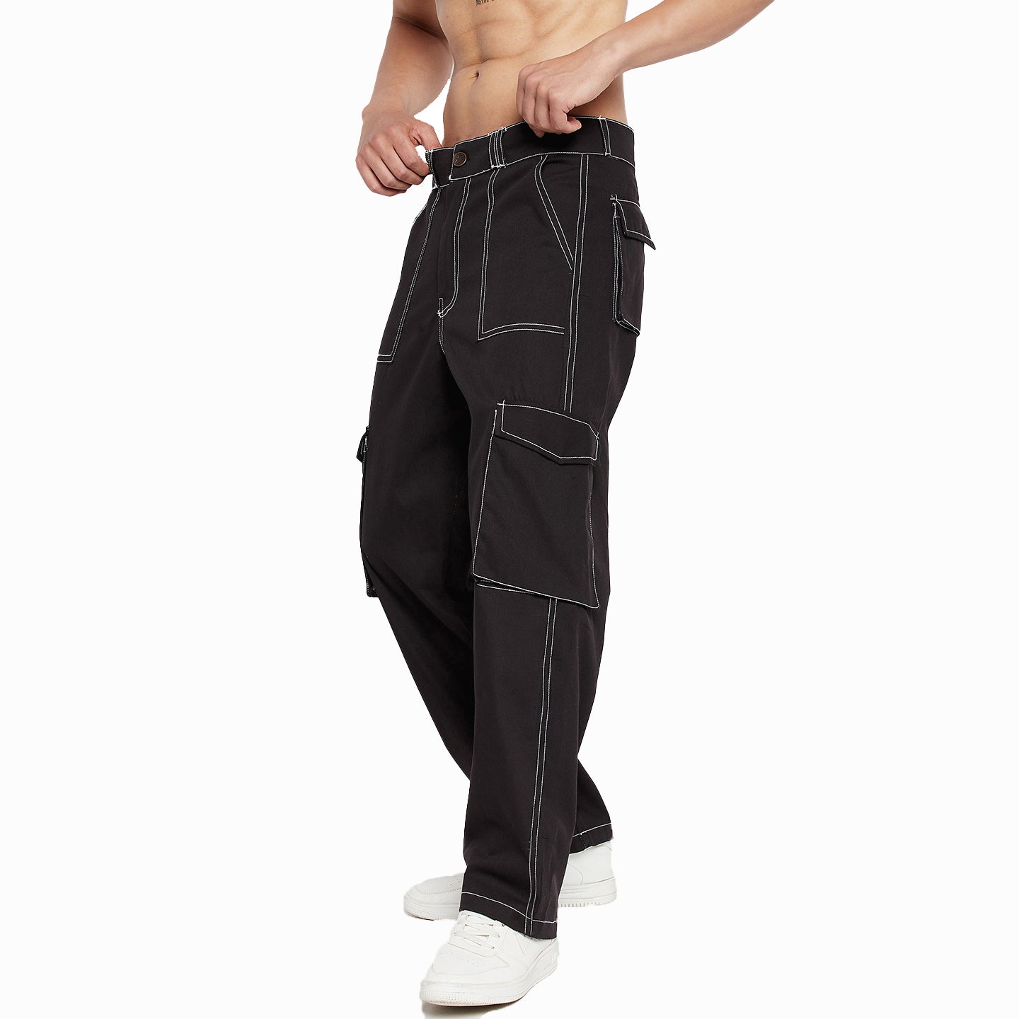 Dark Khaki Cargo Pocket Toggle Hem Jeans | PrettyLittleThing