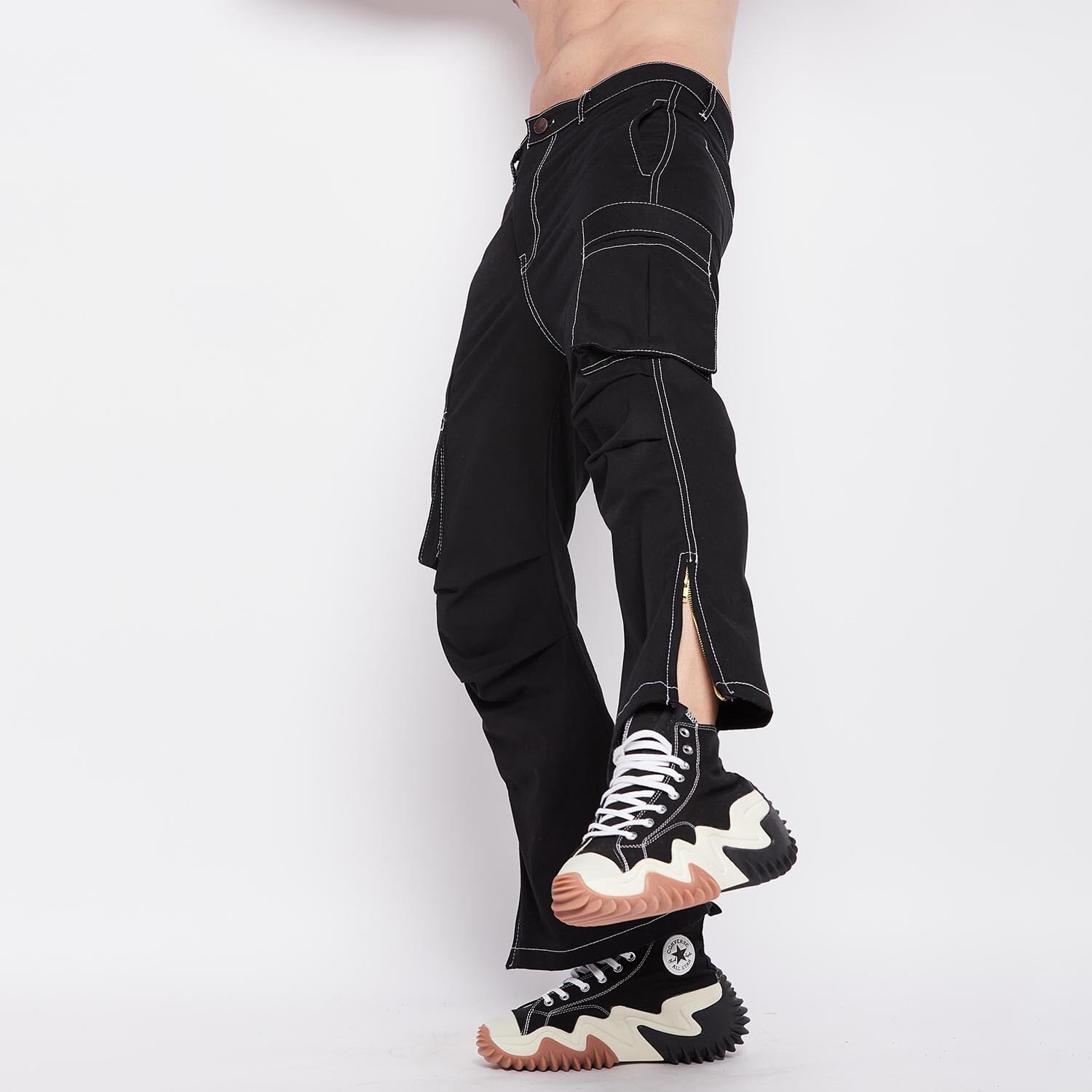 Black Contrast Stitch Flared Cargo Pants  Buy Trousers  Fugazee  FUGAZEE