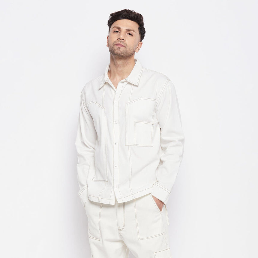 White Contrast Stitch Carpenter Shirt, Buy Mens Shirt