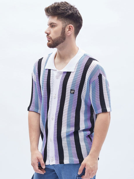 Lilac Striped Knitted Bowling Shirt Shirts Fugazee 