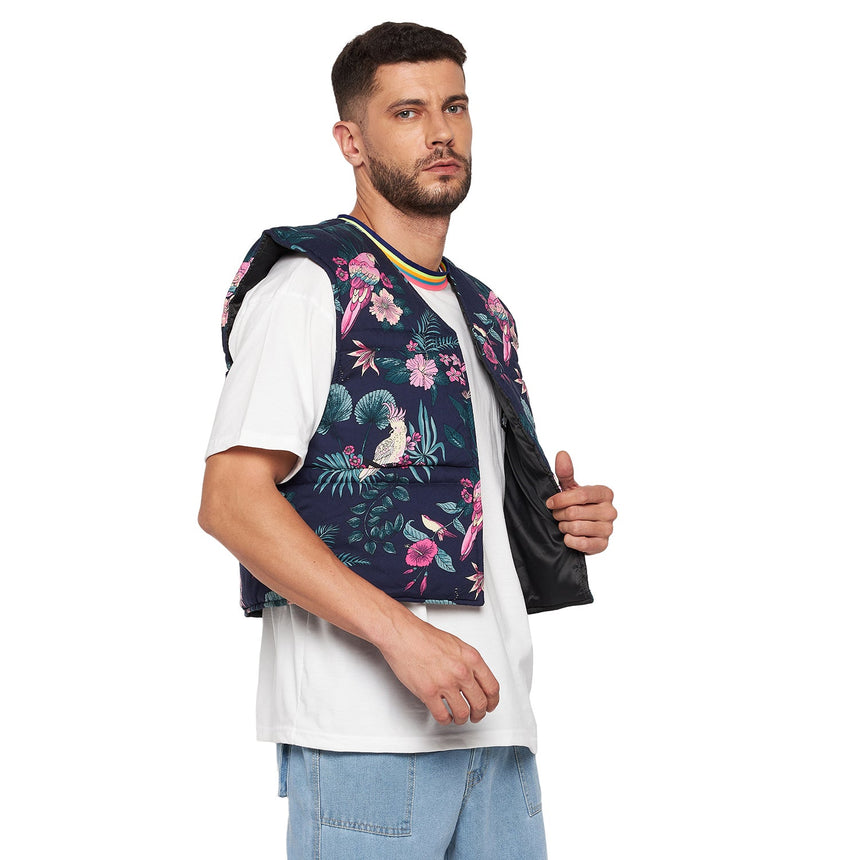 Navy Floral Print Sleeveless Puffer Jacket Jackets Fugazee 