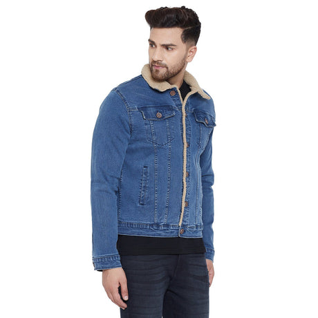 Dark Blue Faux Fur Lined Sherpa Denim Jacket Jackets Fugazee 