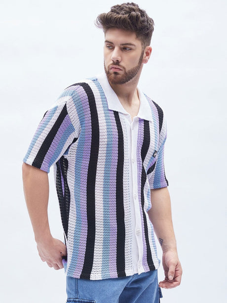 Lilac Striped Knitted Bowling Shirt Shirts Fugazee 